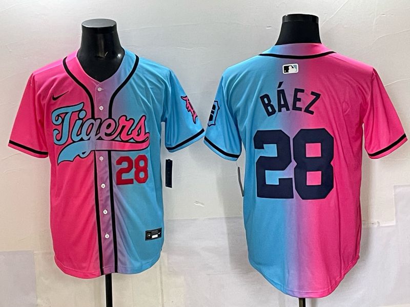 Men 2025 Detroit Tigers 28 Baez Blue pink Game Nike MLB Jersey style 04